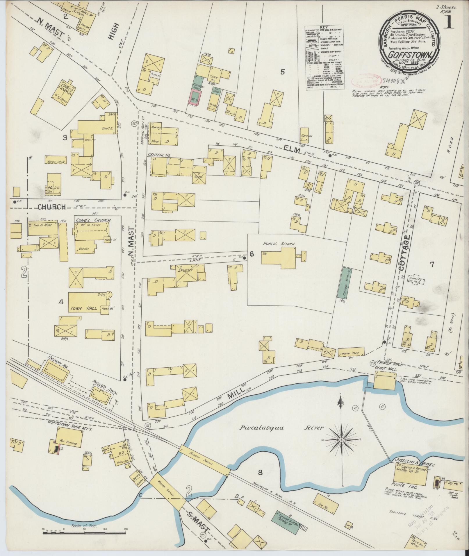 Sanborn Fire Insurance Map from Goffstown, Hillsborough County, New Hampshire (1892), Sheet #0001 - Complete Map Set gallery image, historic Sanborn map, vintage wall art, New Hampshire New Hampshire