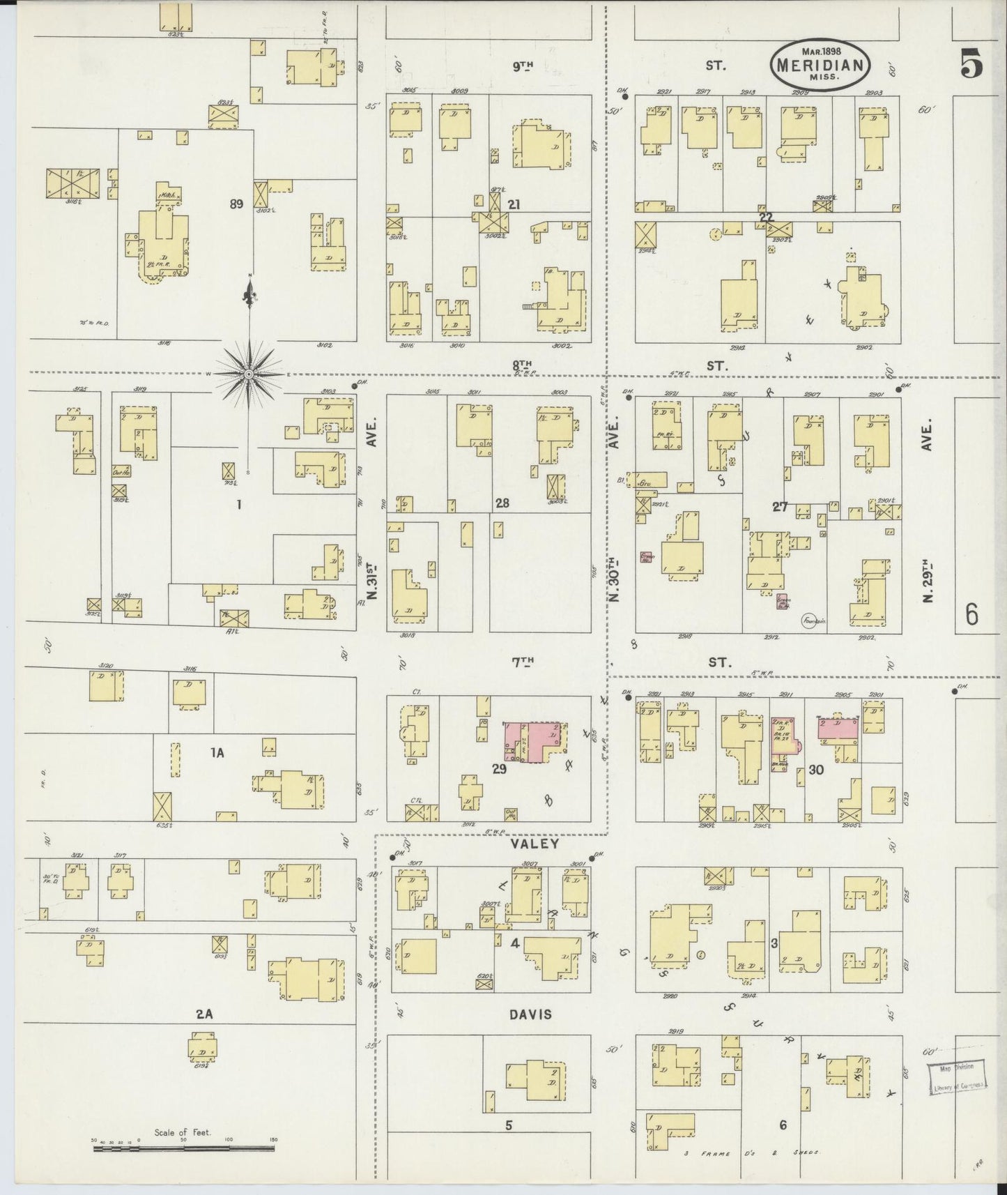Sanborn Fire Insurance Map from Meridian, Lauderdale County, Mississippi (1898), Sheet #0005 - Complete Map Set gallery image, historic Sanborn map, vintage wall art, Mississippi Mississippi