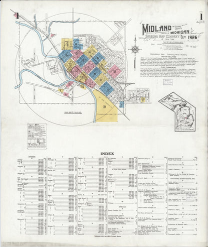 Sanborn Fire Insurance Map from Midland, Midland County, Michigan (1926), Sheet #0001 - Historic Sanborn Fire Insurance Map Print, vintage old map wall art, antique decor, genealogy gift, Michigan Michigan map