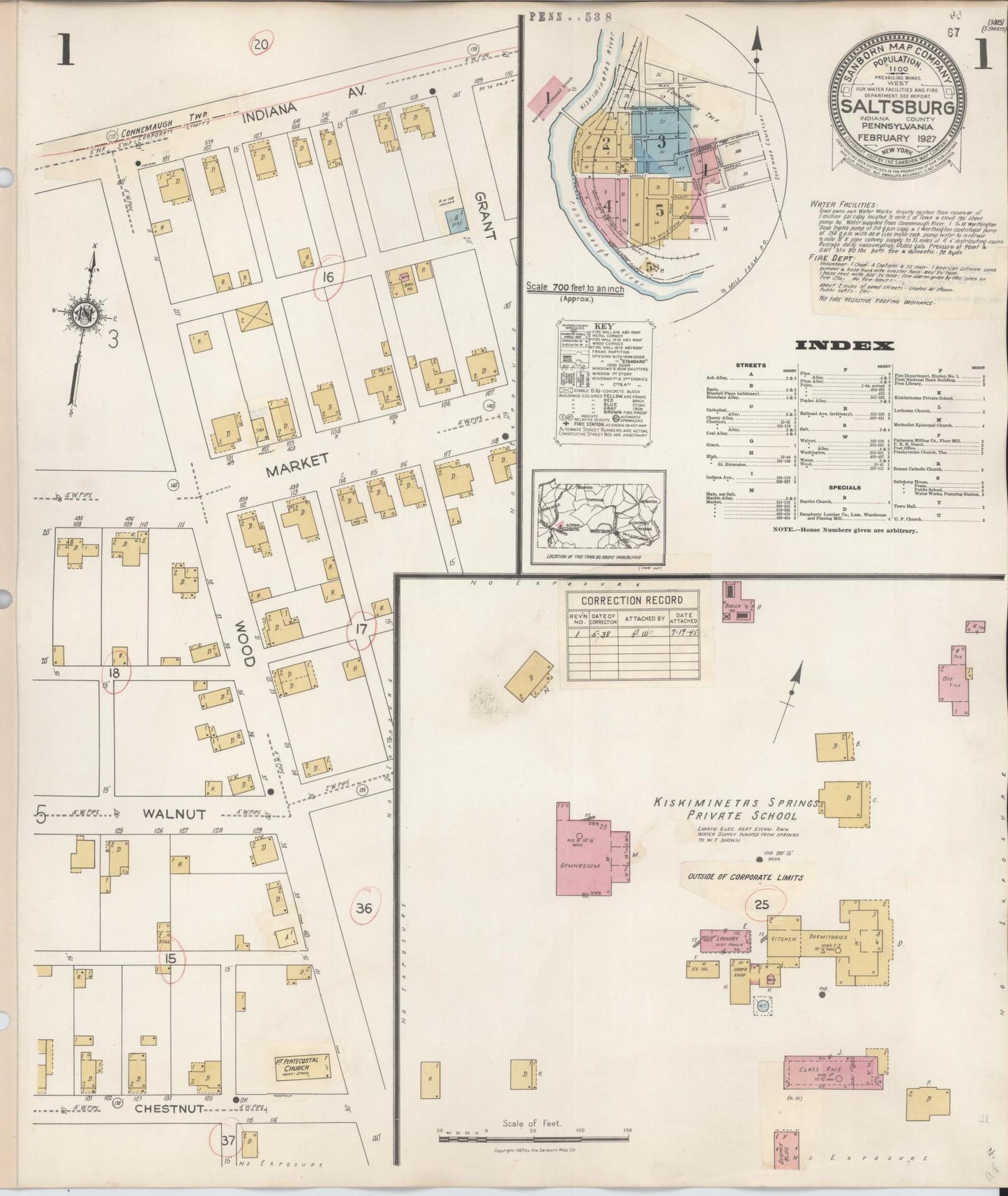 Sanborn Fire Insurance Map from Saltsburg, Indiana County, Pennsylvania (1938), Sheet #0001 - Historic Sanborn Fire Insurance Map Print, vintage old map wall art, antique decor, genealogy gift, Saltsburg Indiana map