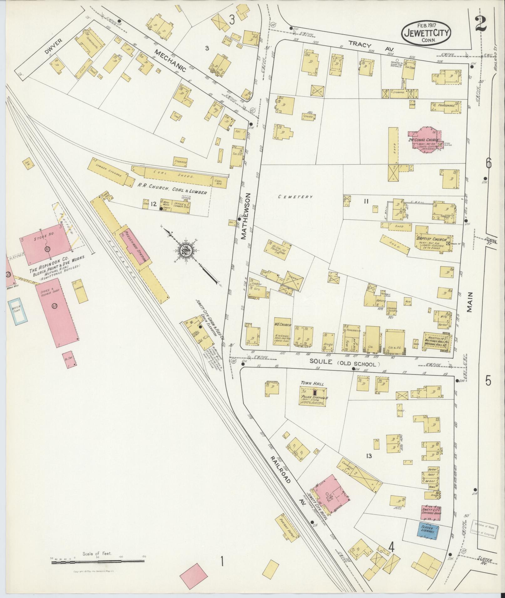 Sanborn Fire Insurance Map from Jewett City, New London County, Connecticut (1917), Sheet #0002 - Historic Sanborn Fire Insurance Map Print, vintage old map wall art, antique decor, genealogy gift, Connecticut Connecticut map