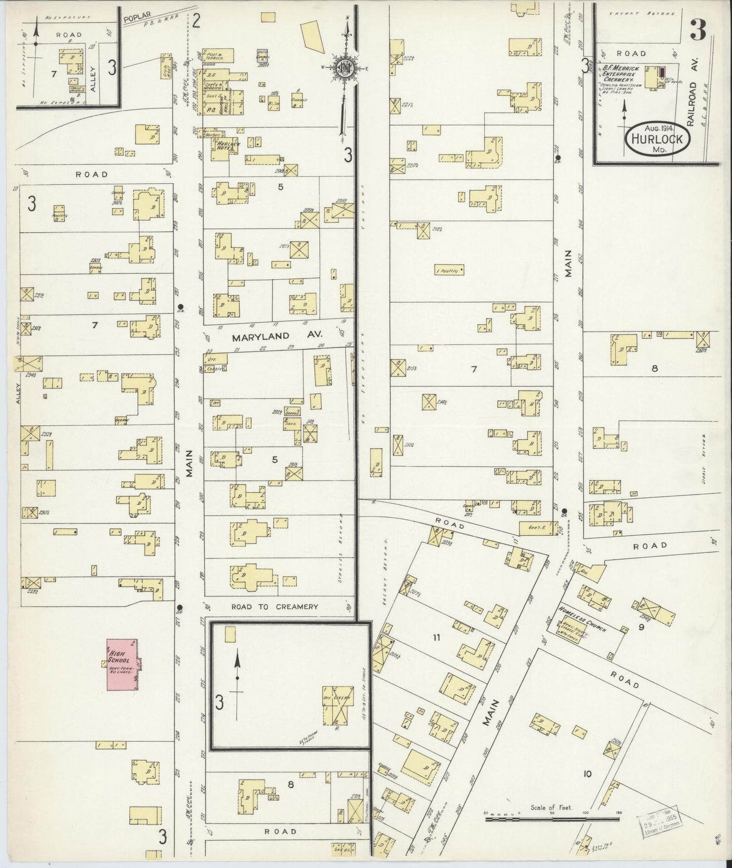 Sanborn Fire Insurance Map from Hurlock, Dorchester County, Maryland (1914), Sheet #0003 - Historic Sanborn Fire Insurance Map Print, vintage old map wall art
