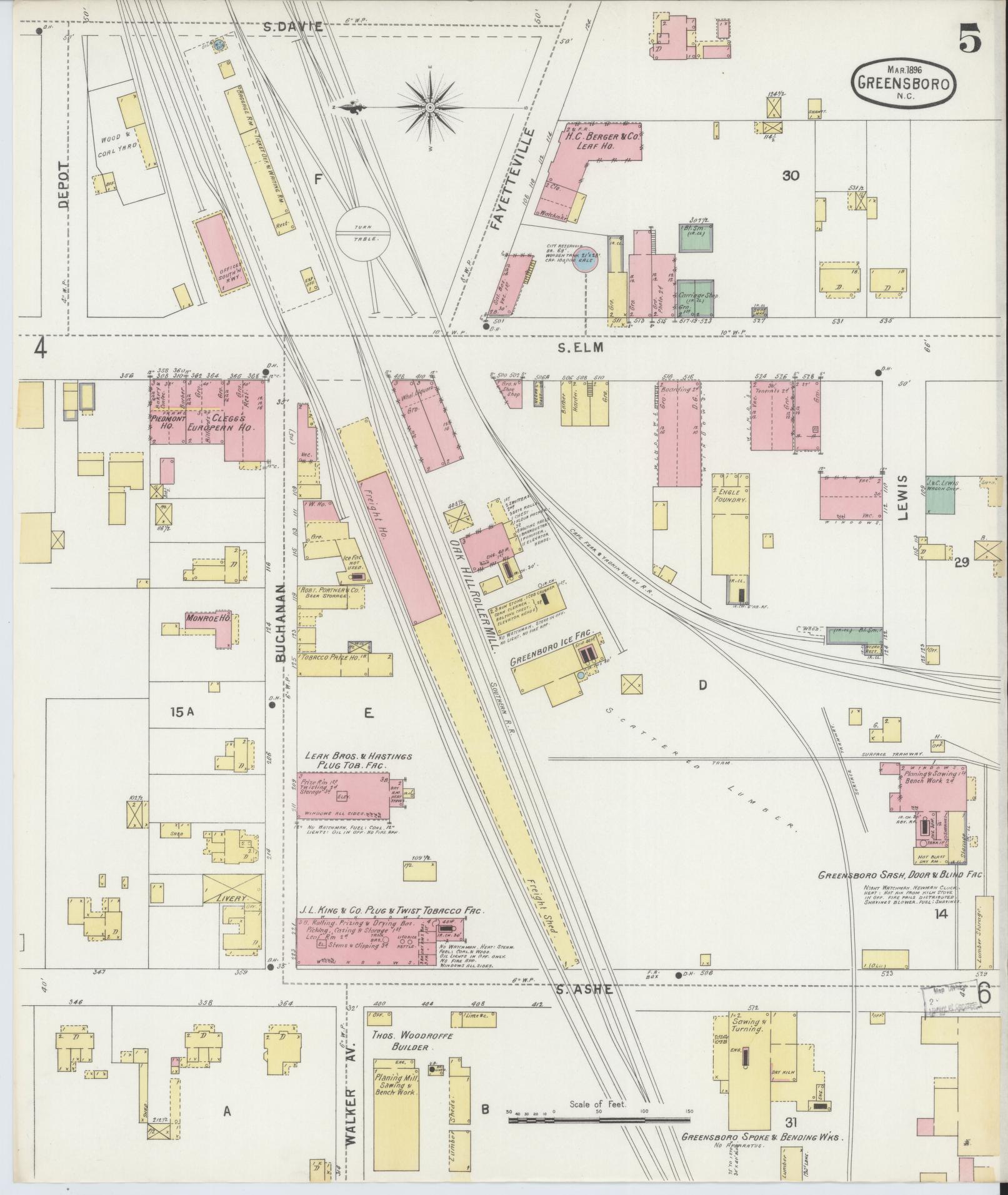 Sanborn Fire Insurance Map from Greensboro, Guilford County, North Carolina (1896), Sheet #0005 - Complete Map Set gallery image, historic Sanborn map, vintage wall art, North Carolina North Carolina