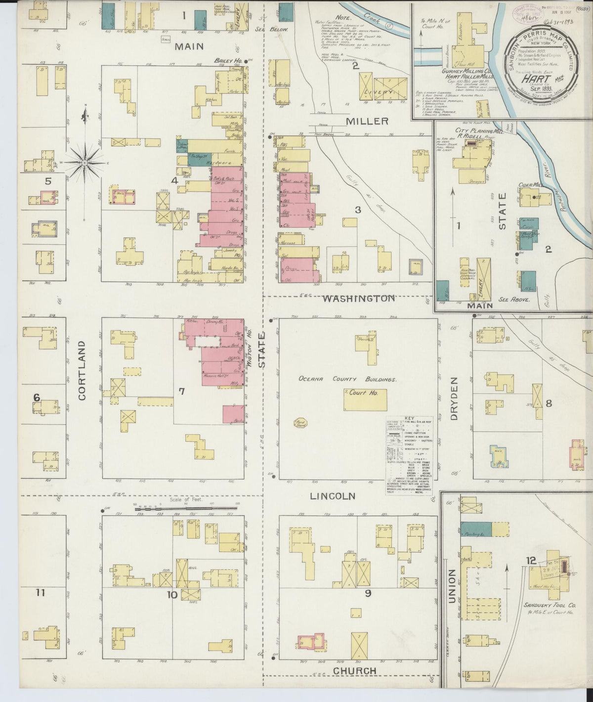 Sanborn Fire Insurance Map from Hart, Oceana County, Michigan (1893), Sheet #0001 - Historic Sanborn Fire Insurance Map Print, vintage old map wall art, antique decor, genealogy gift, Michigan Michigan map