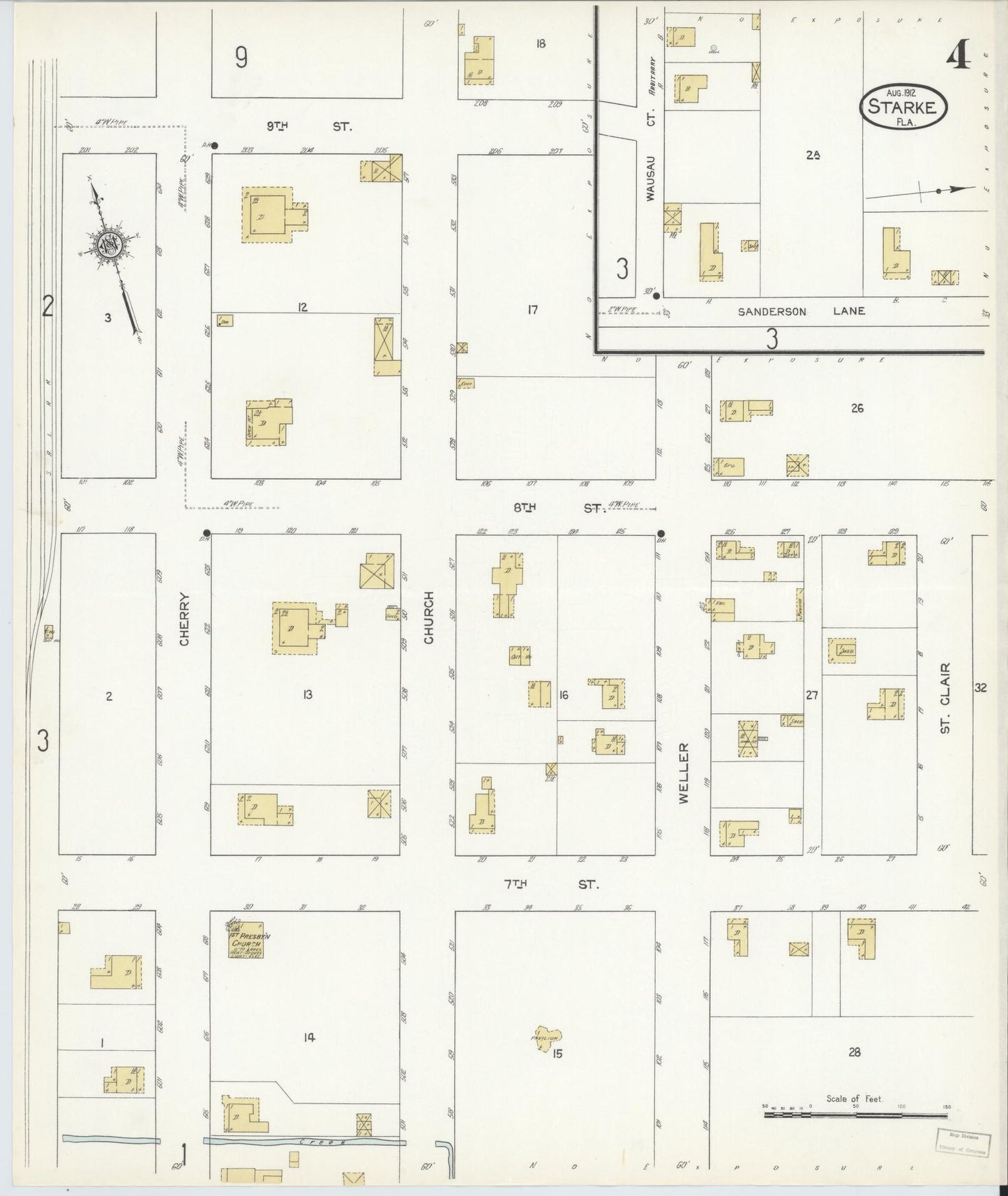 Sanborn Fire Insurance Map from Starke, Bradford County, Florida (1912), Sheet #0004 - Historic Sanborn Fire Insurance Map Print, vintage old map wall art, antique decor, genealogy gift, Florida Florida map