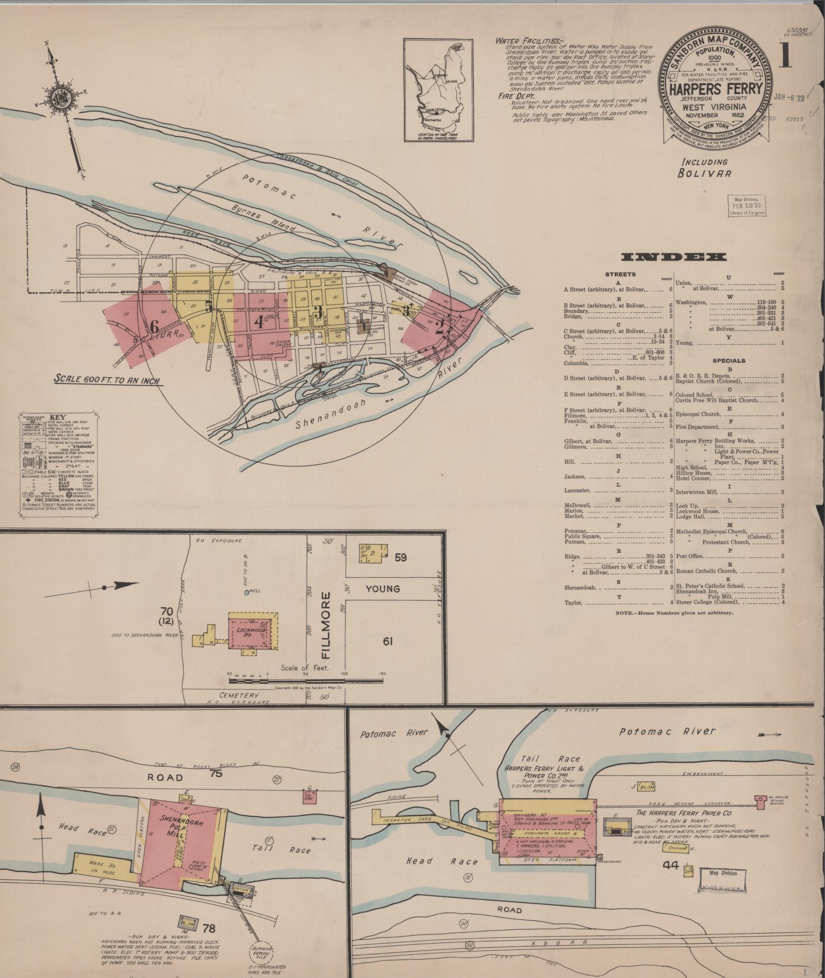 Sanborn Fire Insurance Map from Harpers Ferry, Jefferson County, West Virginia (1922), Sheet #0001 - Complete Map Set gallery image, historic Sanborn map, vintage wall art, West Virginia West Virginia