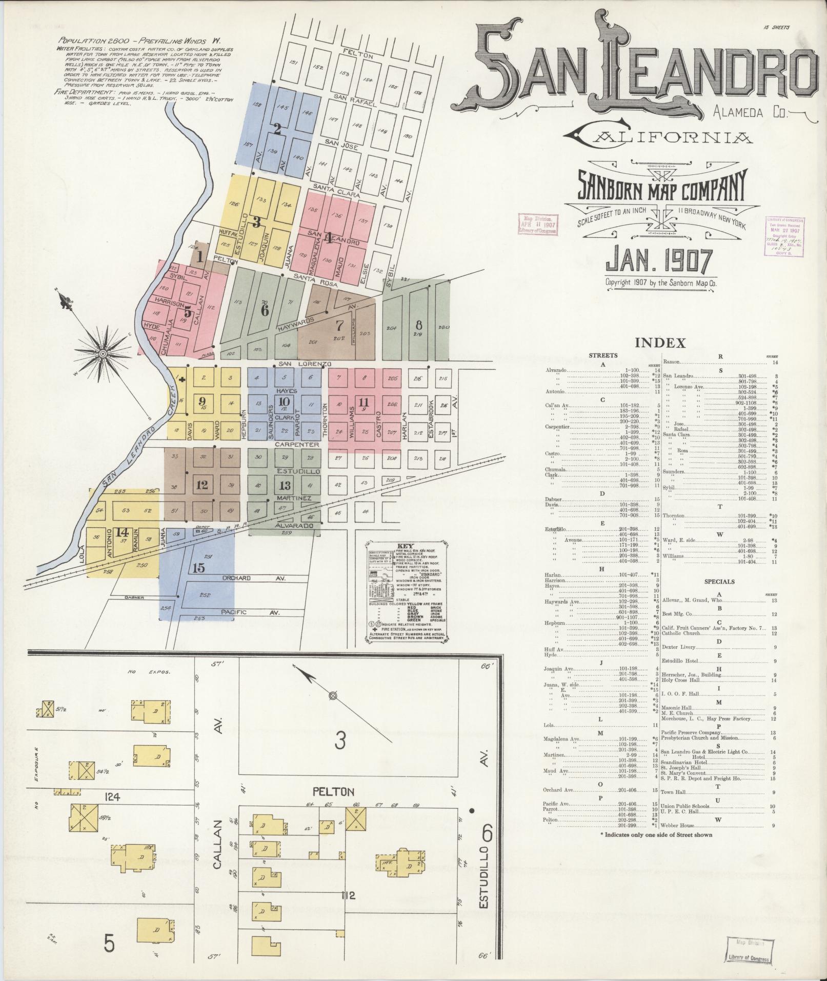 Sanborn Fire Insurance Map from San Leandro, Alameda County, California (1907), Sheet #0001 - Complete Map Set gallery image, historic Sanborn map, vintage wall art, California California