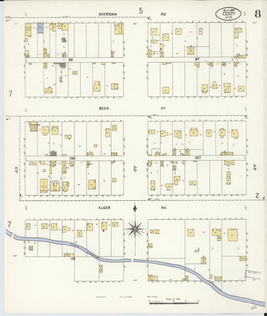 Sanborn Fire Insurance Map from Cody, Park County, Wyoming (1907), Sheet #0008 - Historic Sanborn Fire Insurance Map Print, vintage old map wall art, antique decor, genealogy gift, Wyoming Wyoming map