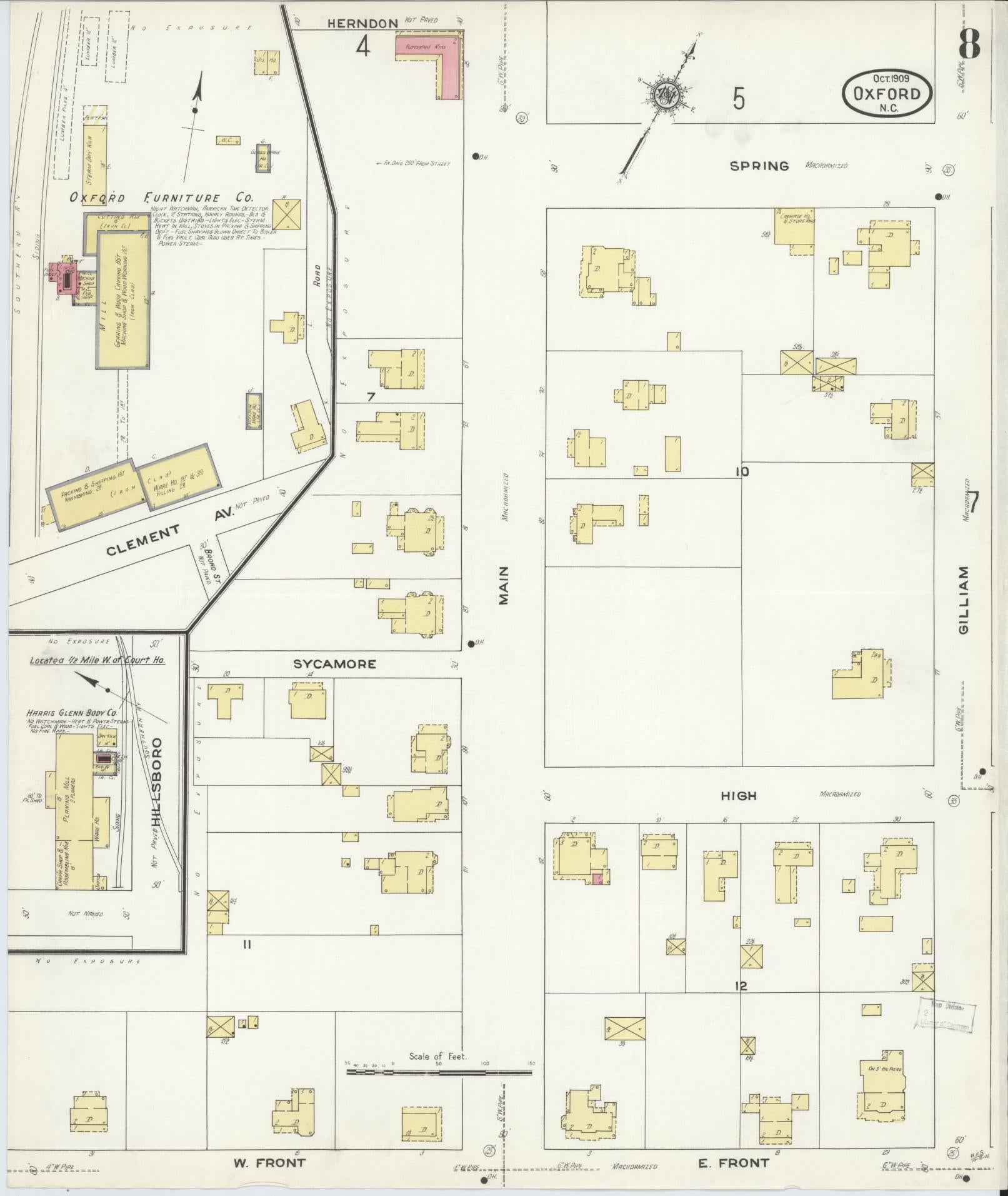 Sanborn Fire Insurance Map from Oxford, Granville County, North Carolina (1909), Sheet #0008 - Historic Sanborn Fire Insurance Map Print, vintage old map wall art, antique decor, genealogy gift, North Carolina North Carolina map