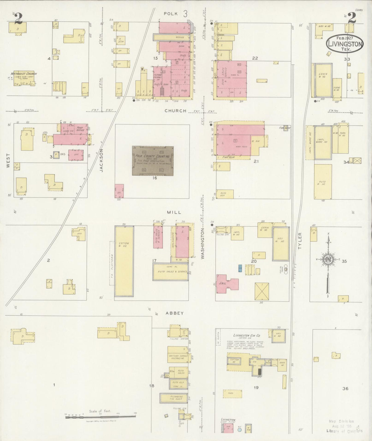 Sanborn Fire Insurance Map from Livingston, Polk County, Texas (1927), Sheet #0002 - Complete Map Set gallery image, historic Sanborn map, vintage wall art, Texas Texas