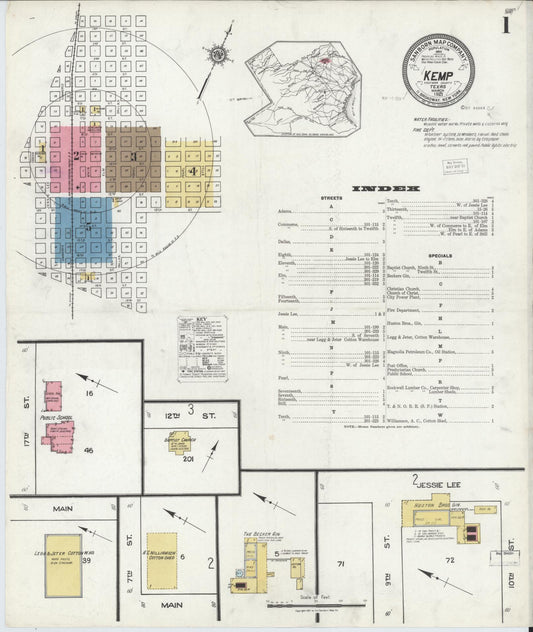 Sanborn Fire Insurance Map from Kemp, Kaufman County, Texas (1921), Sheet #0001 - Complete Map Set gallery image, historic Sanborn map, vintage wall art, Texas Texas