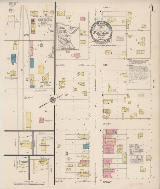 Sanborn Fire Insurance Map from Monticello, Wright County, Minnesota (1922), Sheet #0001 - Complete Map Set gallery image, historic Sanborn map, vintage wall art, Minnesota Minnesota