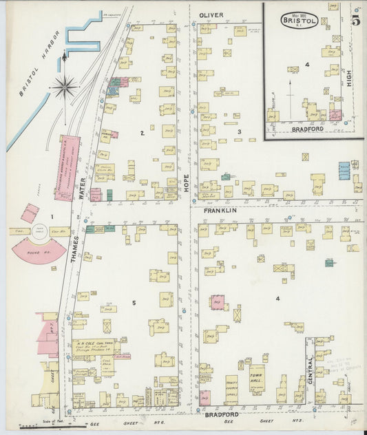 Sanborn Fire Insurance Map from Bristol, Bristol County, Rhode Island (1891), Sheet #0005 - Historic Sanborn Fire Insurance Map Print, vintage old map wall art, antique decor, genealogy gift, Rhode Island Rhode Island map