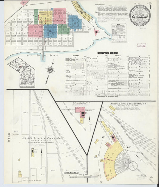 Sanborn Fire Insurance Map from Gladstone, Delta County, Michigan (1913), Sheet #0001 - Historic Sanborn Fire Insurance Map Print, vintage old map wall art, antique decor, genealogy gift, Michigan Michigan map