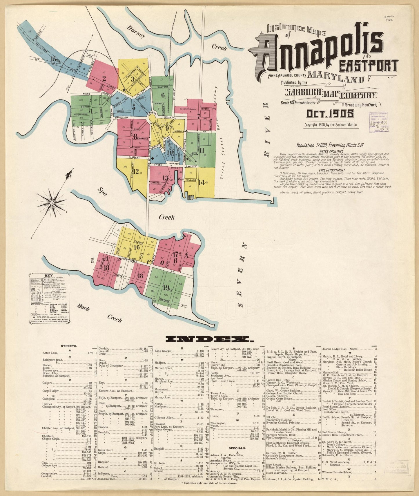 Sanborn Fire Insurance Map from Annapolis, Anne Arundel County, Maryland (1908), Sheet #0001 - Historic Sanborn Fire Insurance Map Print, vintage old map wall art, antique decor, genealogy gift, Maryland Maryland map