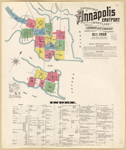 Sanborn Fire Insurance Map from Annapolis, Anne Arundel County, Maryland (1908), Sheet #0001 - Historic Sanborn Fire Insurance Map Print, vintage old map wall art, antique decor, genealogy gift, Maryland Maryland map
