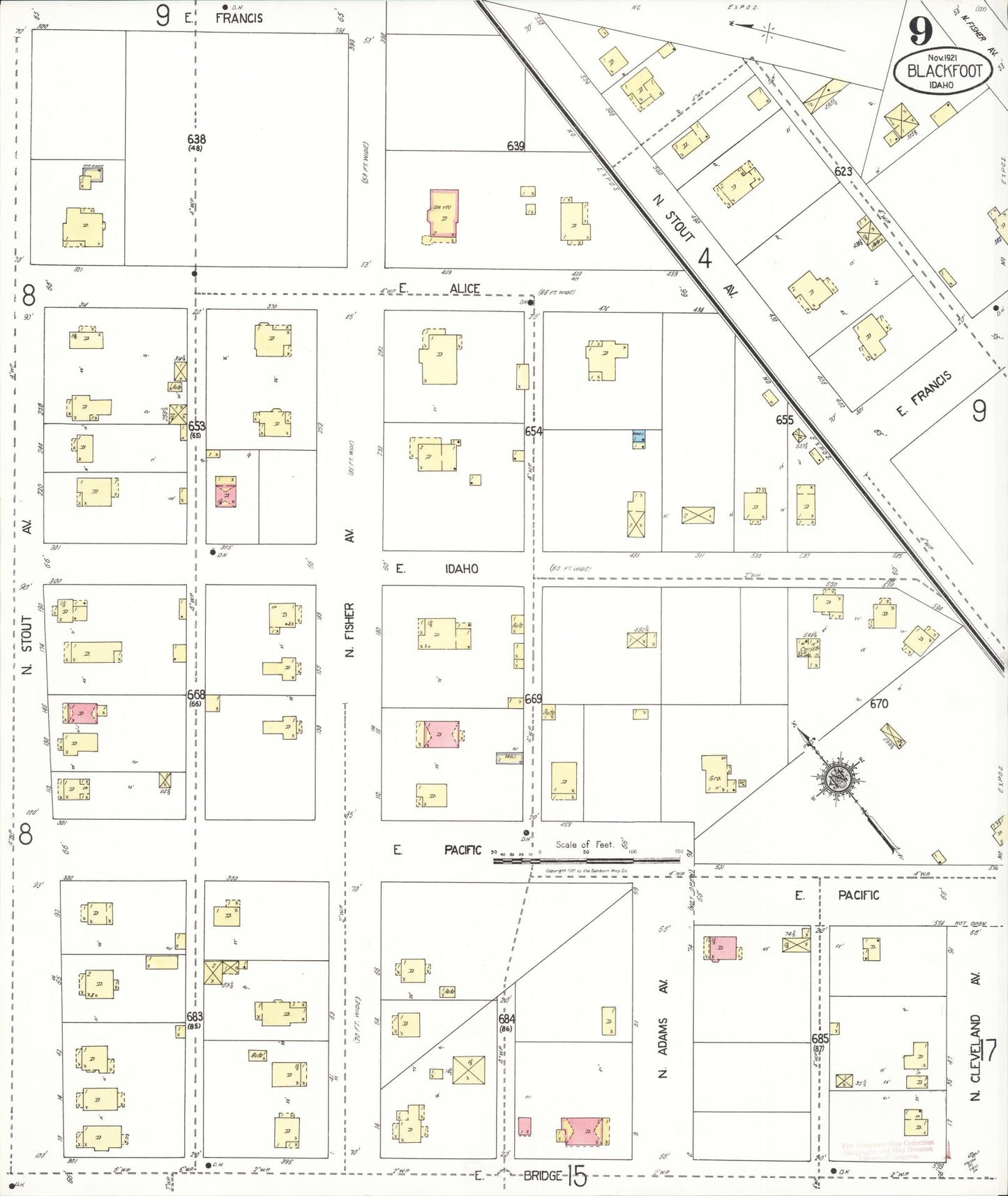 Sanborn Fire Insurance Map from Blackfoot, Bingham County, Idaho (1921), Sheet #0009 - Complete Map Set gallery image, historic Sanborn map, vintage wall art, Idaho Idaho