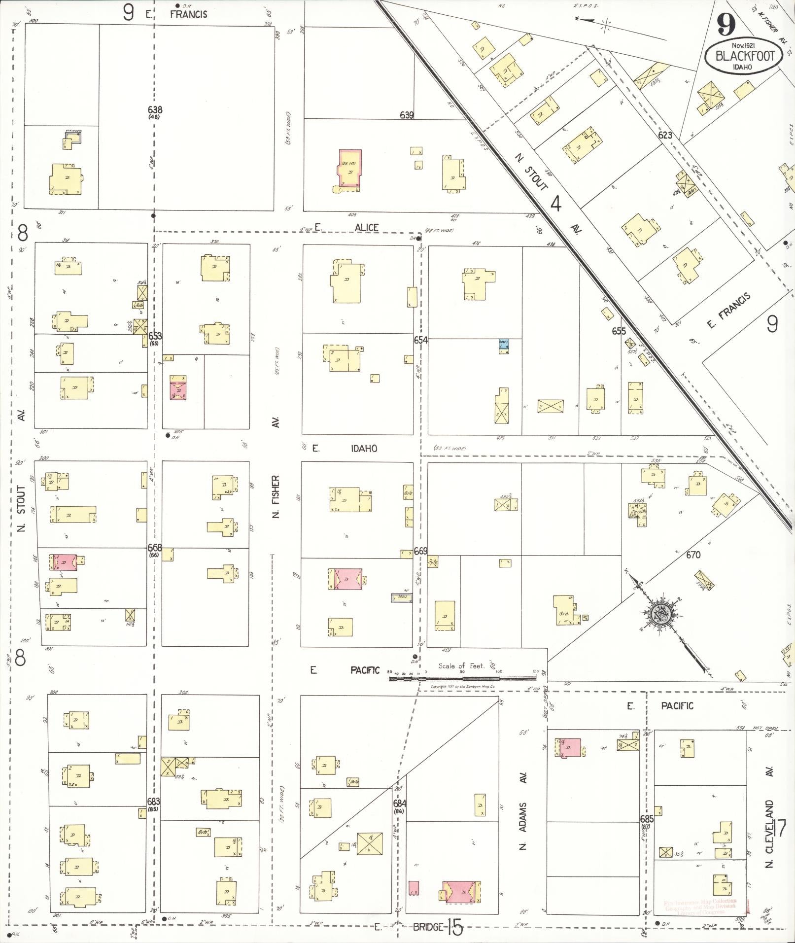 Sanborn Fire Insurance Map from Blackfoot, Bingham County, Idaho (1921), Sheet #0009 - Complete Map Set gallery image, historic Sanborn map, vintage wall art, Idaho Idaho