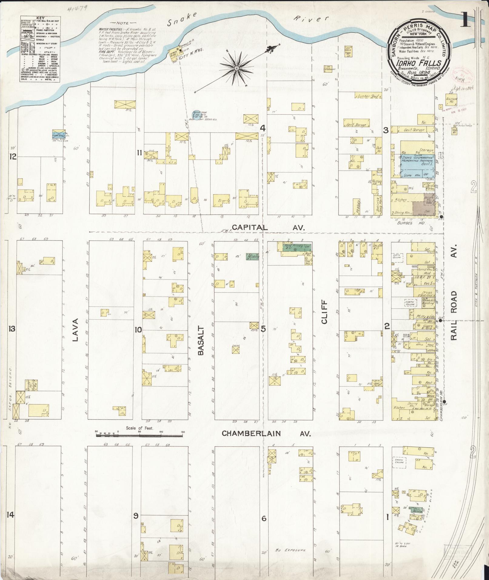 Sanborn Fire Insurance Map from Idaho Falls, Bonneville County, Idaho (1894), Sheet #0001 - Historic Sanborn Fire Insurance Map Print, vintage old map wall art, antique decor, genealogy gift, Idaho Idaho map