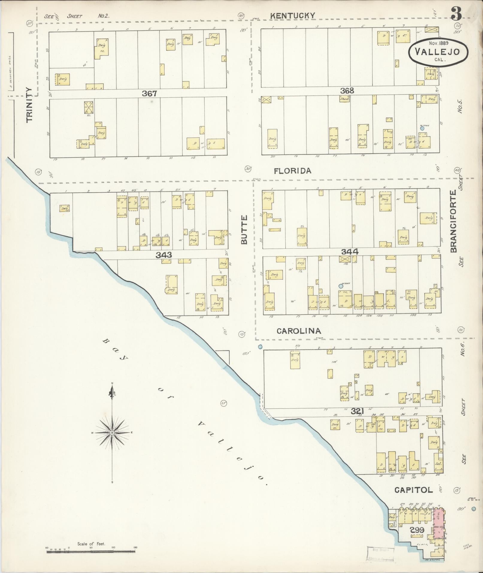 Sanborn Fire Insurance Map from Vallejo, Solano County, California (1889), Sheet #0003 - Complete Map Set gallery image, historic Sanborn map, vintage wall art, California California