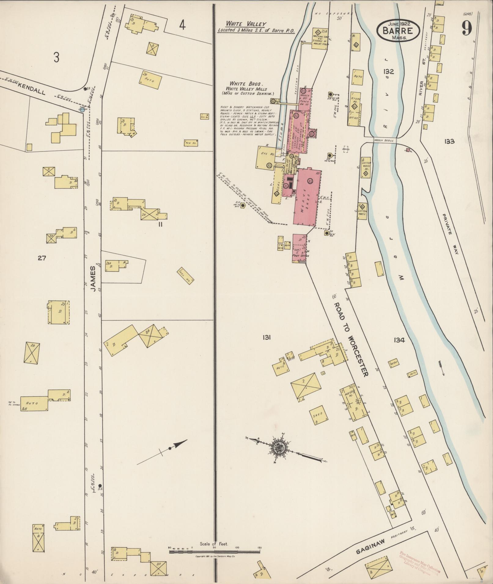 Sanborn Fire Insurance Map from Barre, Worcester County, Massachusetts (1922), Sheet #0009 - Complete Map Set gallery image, historic Sanborn map, vintage wall art, Massachusetts Massachusetts