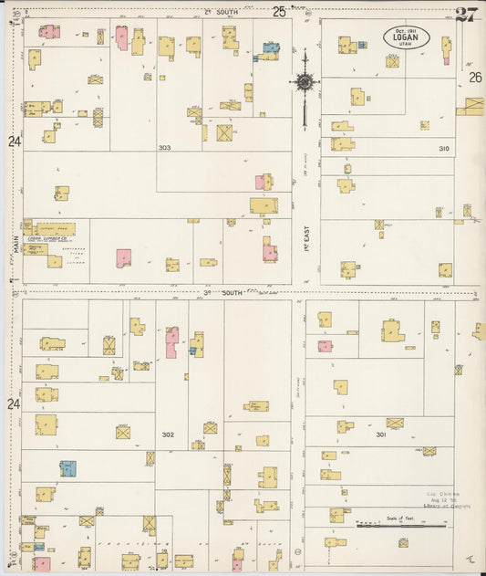 Sanborn Fire Insurance Map from Logan, Cache County, Utah (1911), Sheet #0027 - Historic Sanborn Fire Insurance Map Print, vintage old map wall art, antique decor, genealogy gift, Utah Utah map