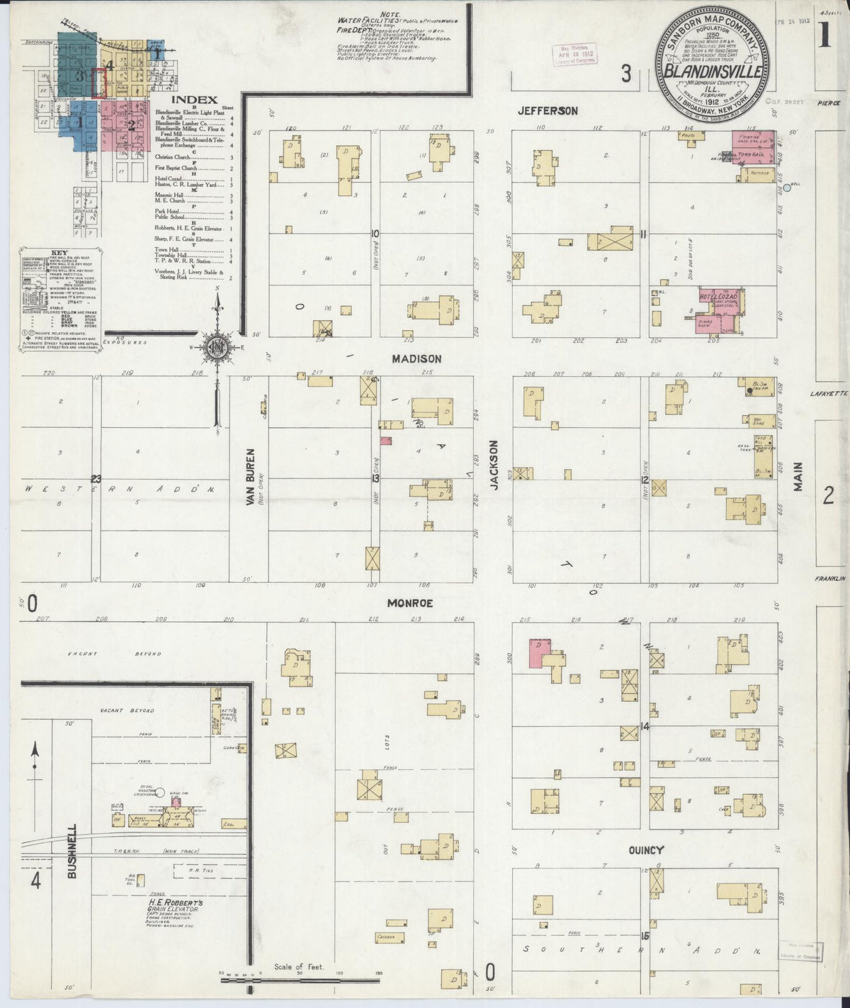 Sanborn Fire Insurance Map from Blandinsville, Mcdonough County, Illinois (1912), Sheet #0001 - Historic Sanborn Fire Insurance Map Print, vintage old map wall art, antique decor, genealogy gift, Illinois Illinois map