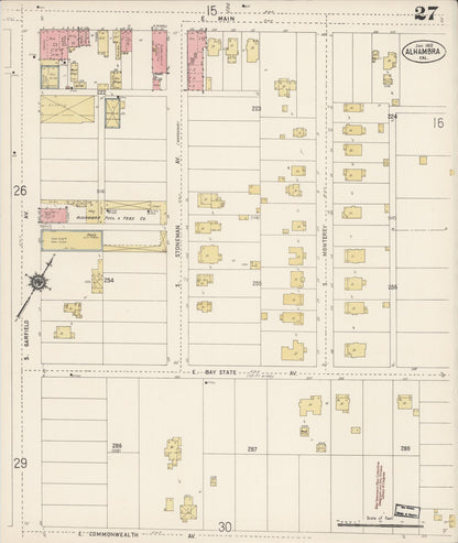 Sanborn Fire Insurance Map from Alhambra, Los Angeles County, California (1912), Sheet #0027 - Historic Sanborn Fire Insurance Map Print, vintage old map wall art, antique decor, genealogy gift, California California map