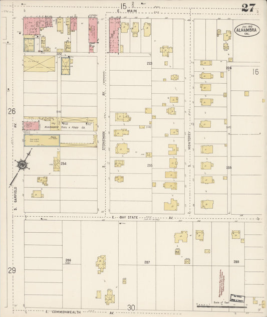 Sanborn Fire Insurance Map from Alhambra, Los Angeles County, California (1912), Sheet #0027 - Historic Sanborn Fire Insurance Map Print, vintage old map wall art, antique decor, genealogy gift, California California map