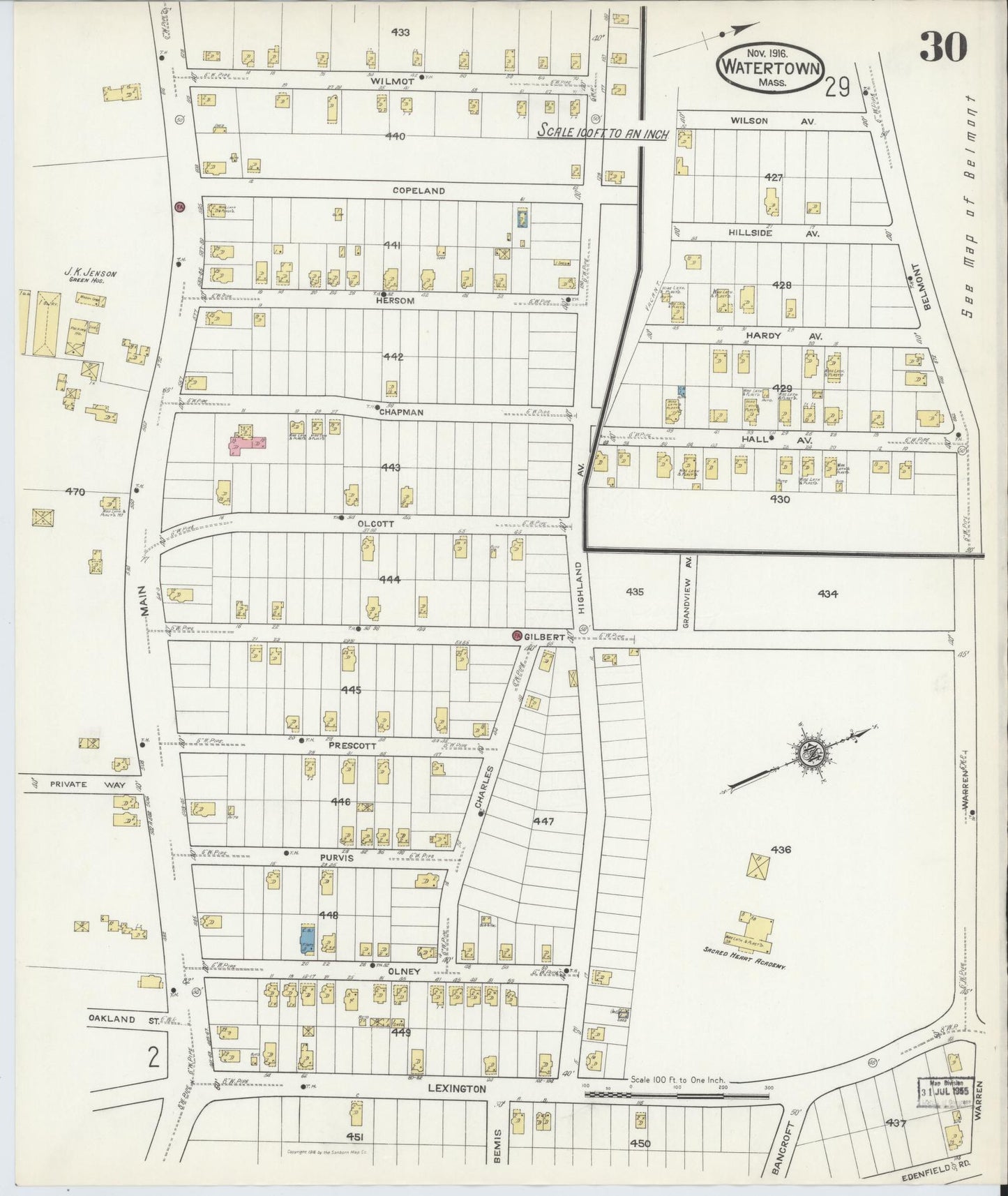 Sanborn Fire Insurance Map from Watertown, Middlesex County, Massachusetts (1916), Sheet #0030 - Complete Map Set gallery image, historic Sanborn map, vintage wall art, Massachusetts Massachusetts