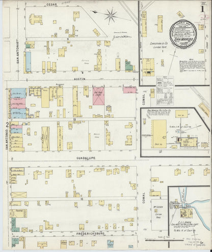 Sanborn Fire Insurance Map from San Marcos, Hays County, Texas (1896), Sheet #0001 - Complete Map Set gallery image, historic Sanborn map, vintage wall art, Texas Texas