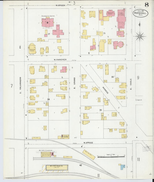 Sanborn Fire Insurance Map from Marshall, Calhoun County, Michigan (1906), Sheet #0008 - Historic Sanborn Fire Insurance Map Print, vintage old map wall art, antique decor, genealogy gift, Michigan Michigan map