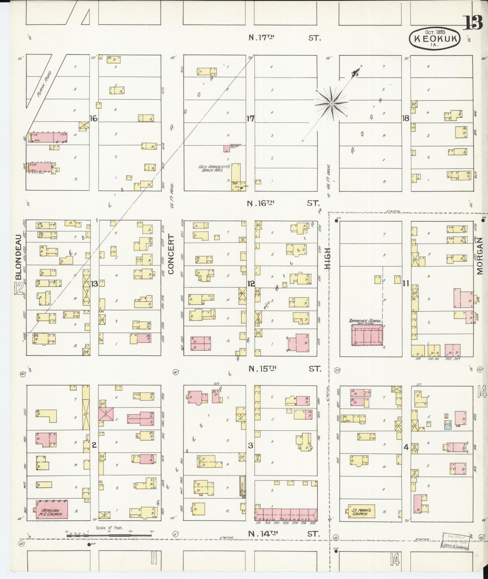 Sanborn Fire Insurance Map from Keokuk, Lee County, Iowa (1893), Sheet #0013 - Historic Sanborn Fire Insurance Map Print, vintage old map wall art