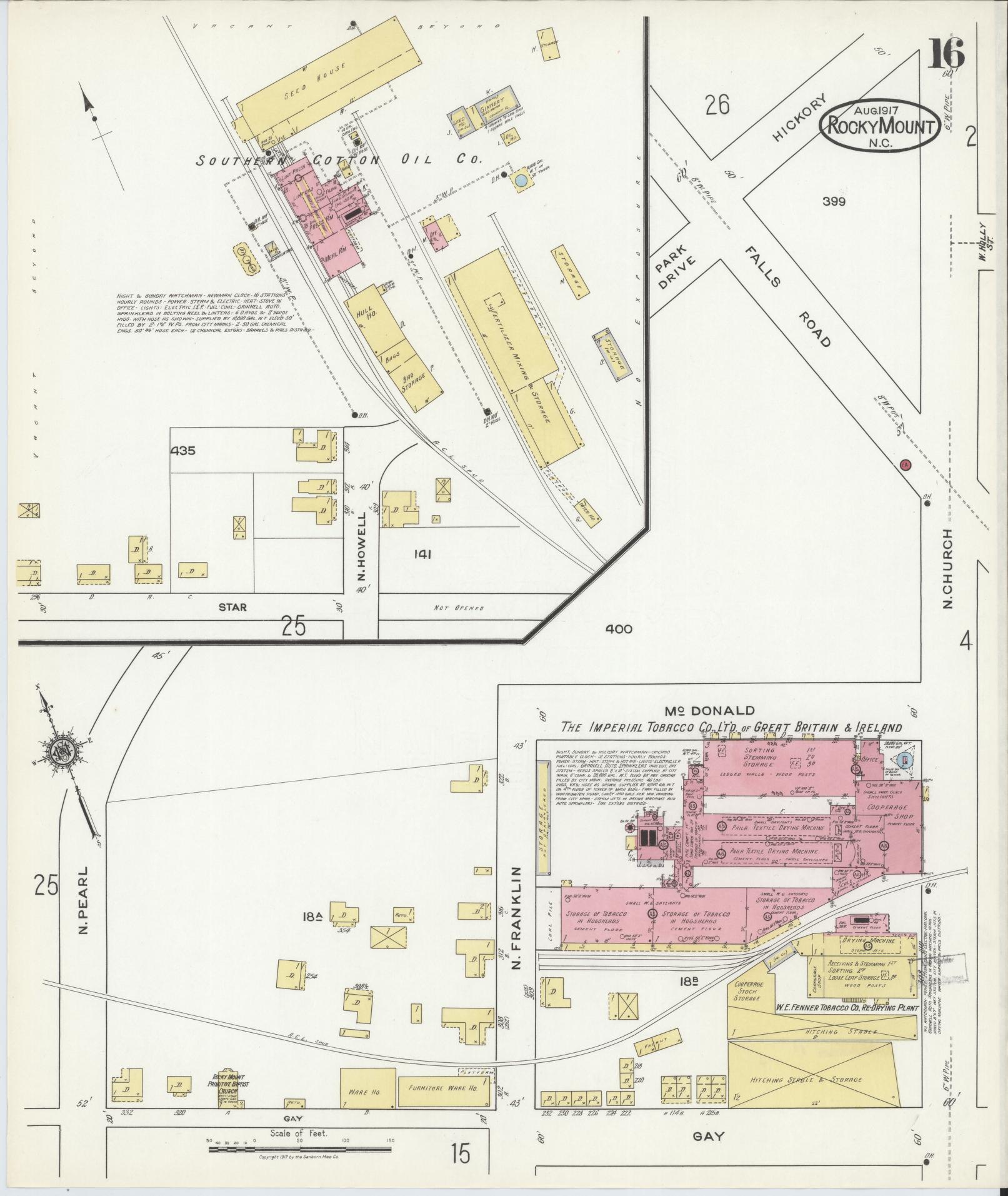 Sanborn Fire Insurance Map from Rocky Mount, Edgecombe And Nash Counties, North Carolina (1917), Sheet #0016 - Historic Sanborn Fire Insurance Map Print, vintage old map wall art, antique decor, genealogy gift, North Carolina North Carolina map