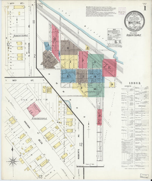 Sanborn Fire Insurance Map from Whiting, Lake County, Indiana (1907), Sheet #0001 - Complete Map Set gallery image, historic Sanborn map, vintage wall art, Indiana Indiana