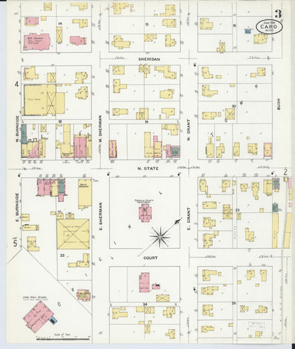 Sanborn Fire Insurance Map from Caro, Tuscola County, Michigan (1909), Sheet #0003 - Complete Map Set gallery image, historic Sanborn map, vintage wall art, Michigan Michigan