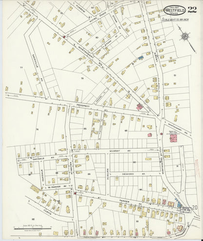 Sanborn Fire Insurance Map from Westfield, Hampden County, Massachusetts (1917), Sheet #0022 - Historic Sanborn Fire Insurance Map Print, vintage old map wall art, antique decor, genealogy gift, Massachusetts Massachusetts map