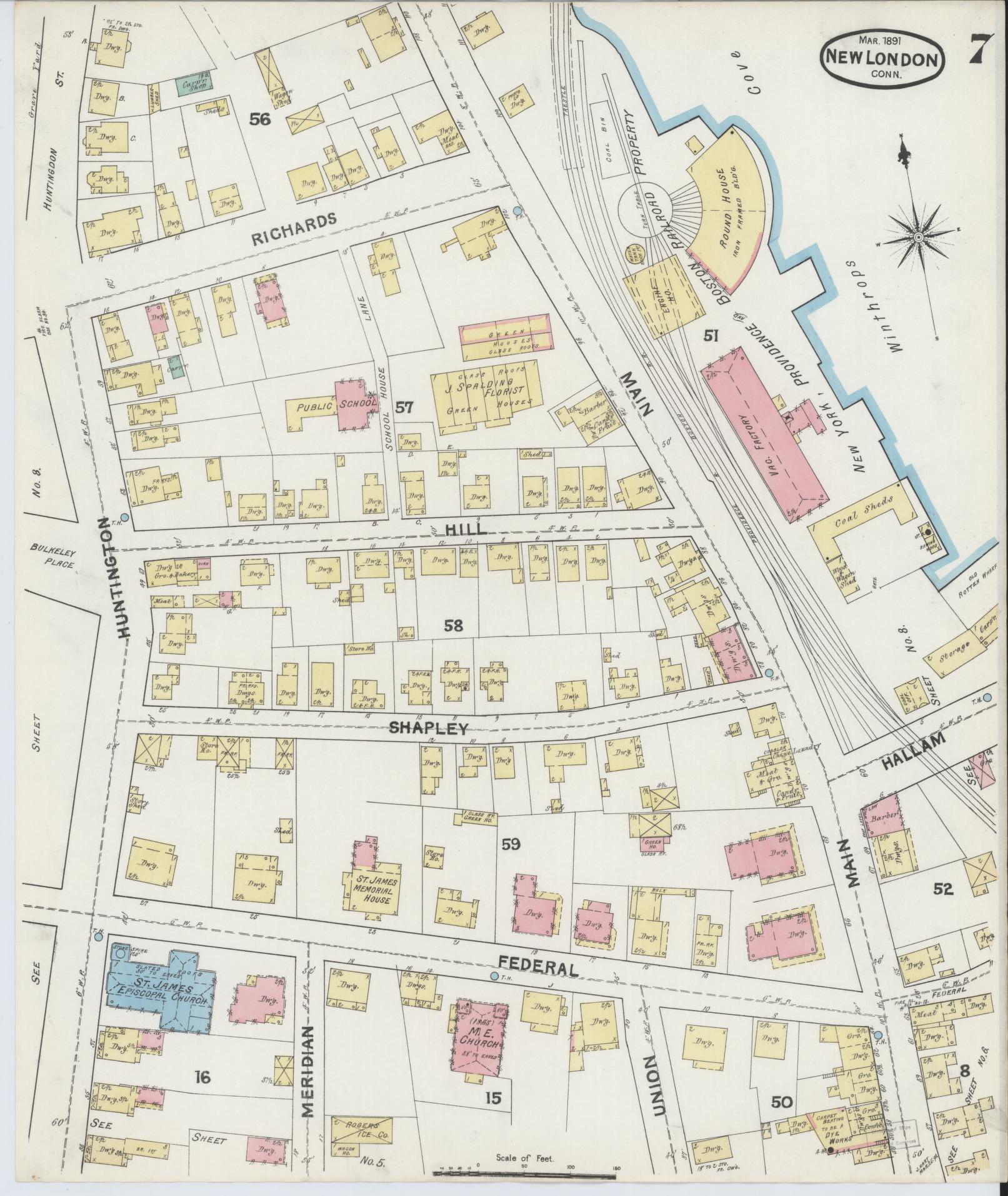 Sanborn Fire Insurance Map from New London, New London County, Connecticut (1891), Sheet #0007 - Complete Map Set gallery image, historic Sanborn map, vintage wall art, Connecticut Connecticut