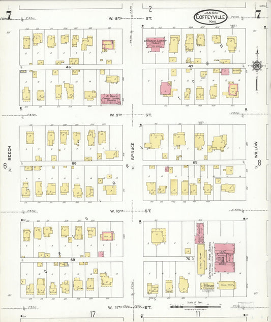 Sanborn Fire Insurance Map from Coffeyville, Montgomery County, Kansas (1923), Sheet #0007 - Historic Sanborn Fire Insurance Map Print, vintage old map wall art, antique decor, genealogy gift, Kansas Kansas map