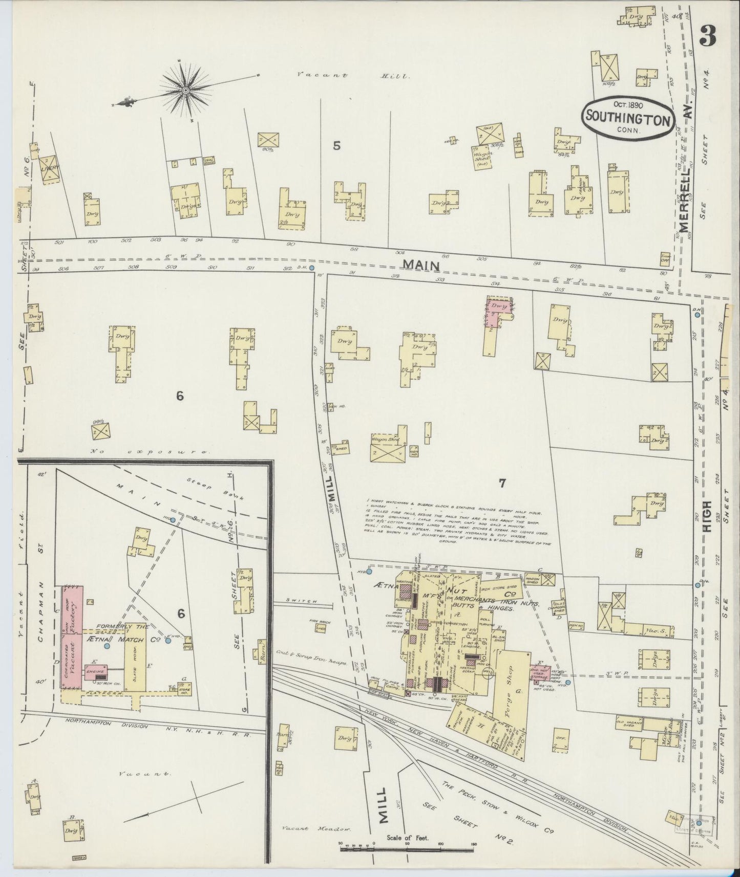 Sanborn Fire Insurance Map from Southington, Hartford County, Connecticut (1890), Sheet #0003 - Historic Sanborn Fire Insurance Map Print, vintage old map wall art, antique decor, genealogy gift, Connecticut Connecticut map