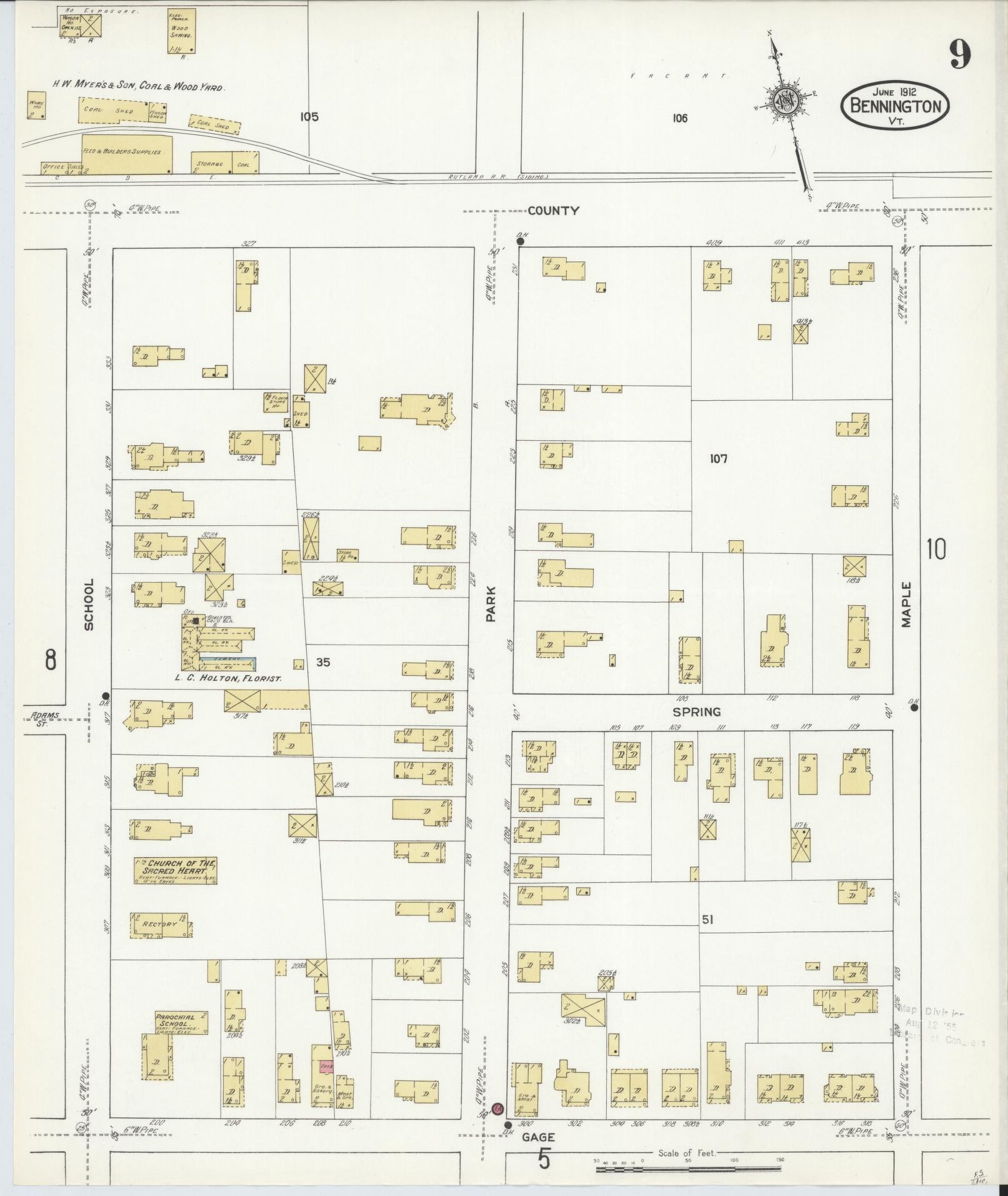 Sanborn Fire Insurance Map from Bennington, Bennington County, Vermont (1912), Sheet #0009 - Complete Map Set gallery image, historic Sanborn map, vintage wall art, Vermont Vermont