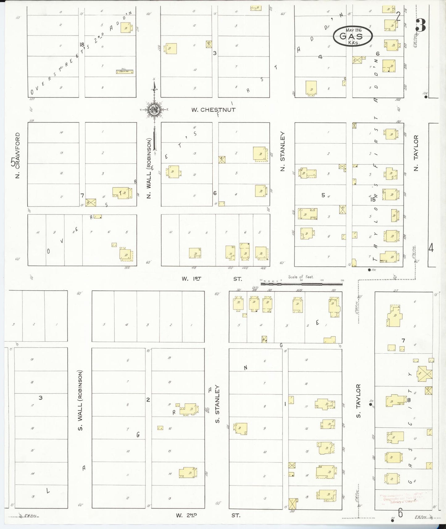 Sanborn Fire Insurance Map from Gas, Allen County, Kansas (1916), Sheet #0003 - Complete Map Set gallery image, historic Sanborn map, vintage wall art, Kansas Kansas