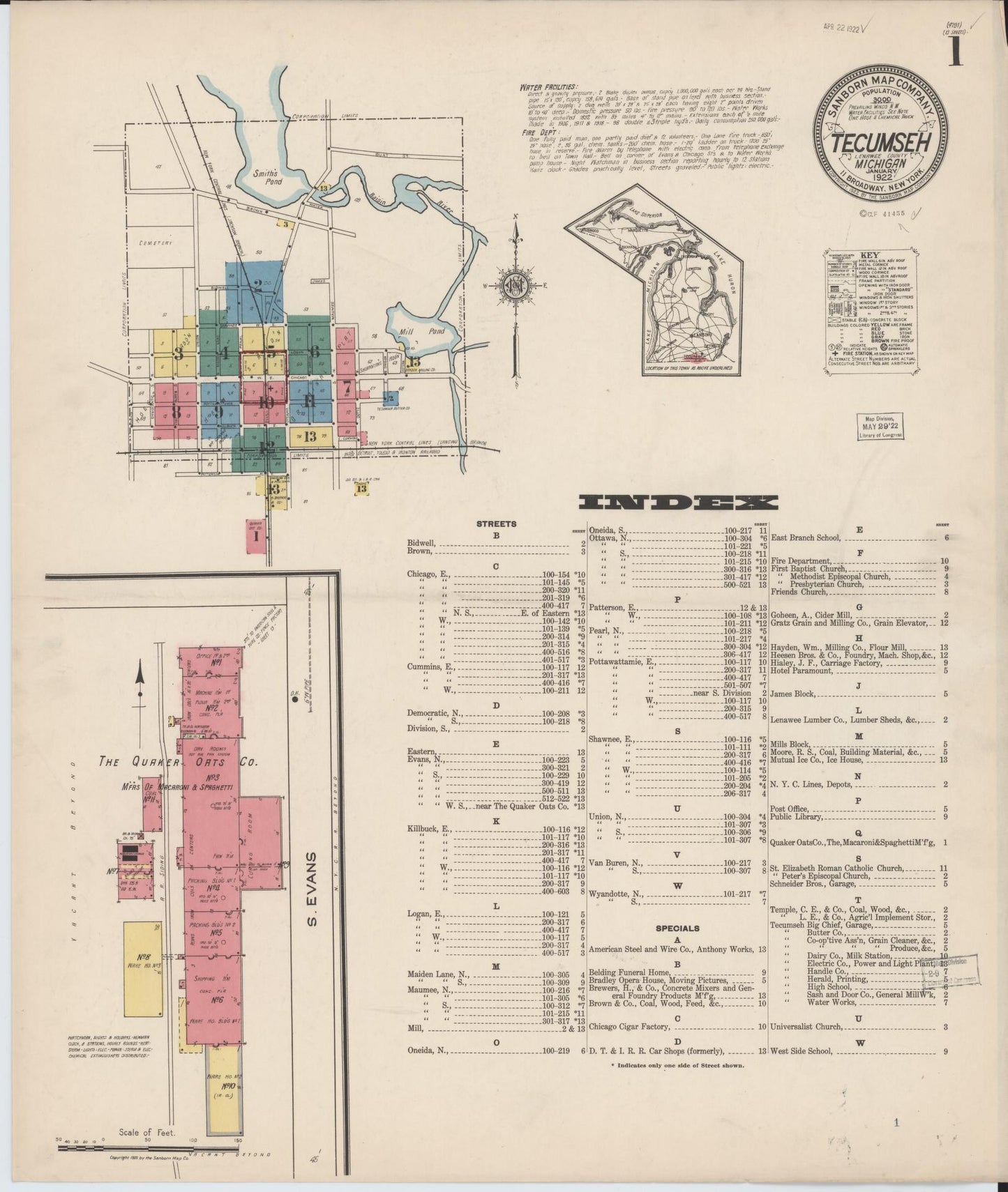 Sanborn Fire Insurance Map from Tecumseh, Lenawee County, Michigan (1922), Sheet #0001 - Historic Sanborn Fire Insurance Map Print, vintage old map wall art, antique decor, genealogy gift, Michigan Michigan map