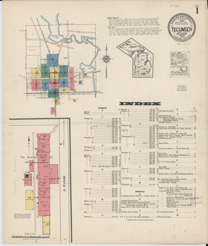 Sanborn Fire Insurance Map from Tecumseh, Lenawee County, Michigan (1922), Sheet #0001 - Historic Sanborn Fire Insurance Map Print, vintage old map wall art, antique decor, genealogy gift, Michigan Michigan map