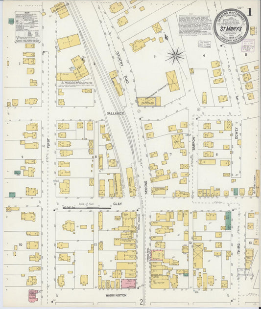 Sanborn Fire Insurance Map from Saint Marys, Pleasant County, West Virginia (1904), Sheet #0001 - Historic Sanborn Fire Insurance Map Print, vintage old map wall art, antique decor, genealogy gift, West Virginia West Virginia map