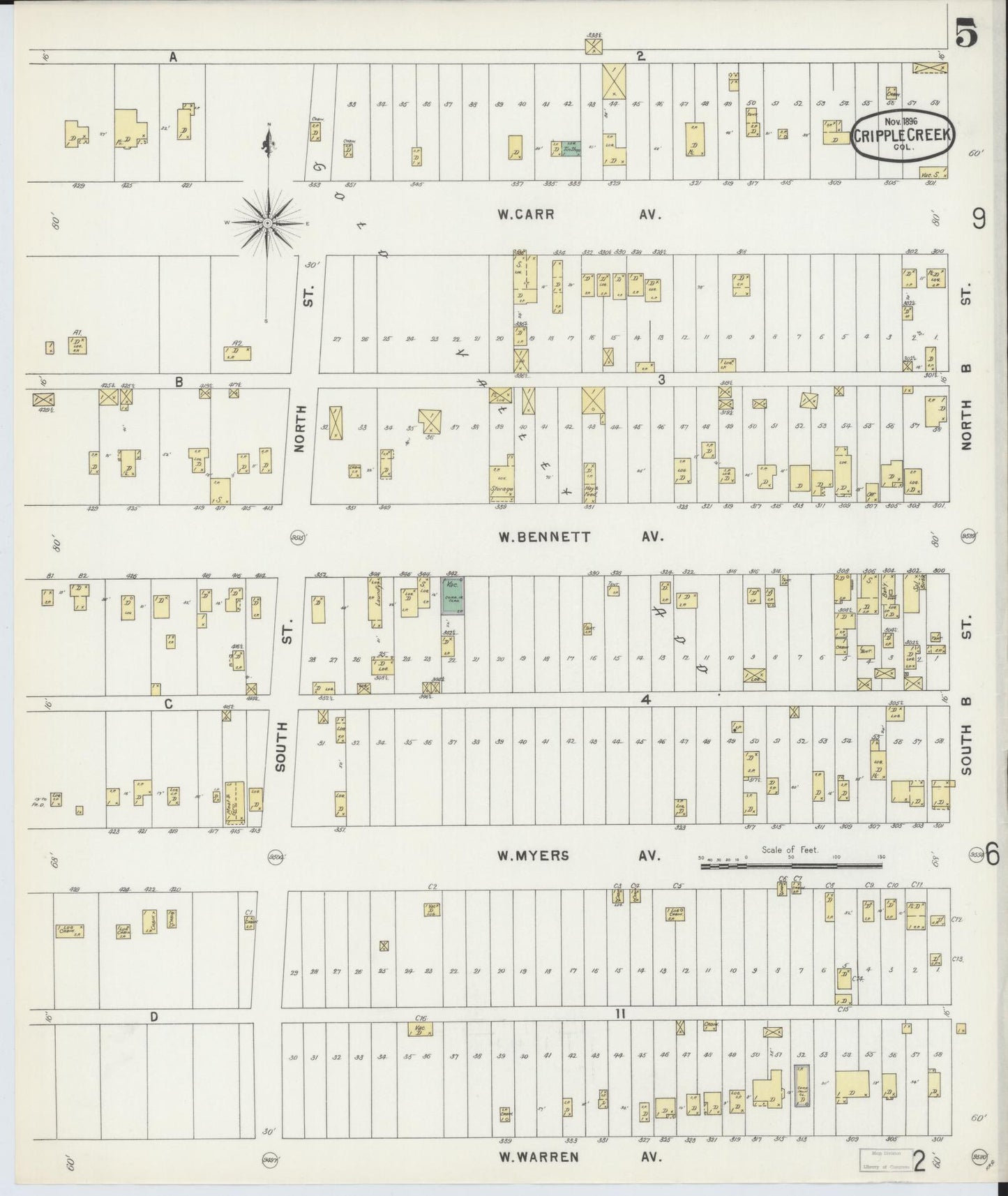 Sanborn Fire Insurance Map from Cripple Creek, Teller County, Colorado (1896), Sheet #0005 - Complete Map Set gallery image, historic Sanborn map, vintage wall art, Colorado Colorado
