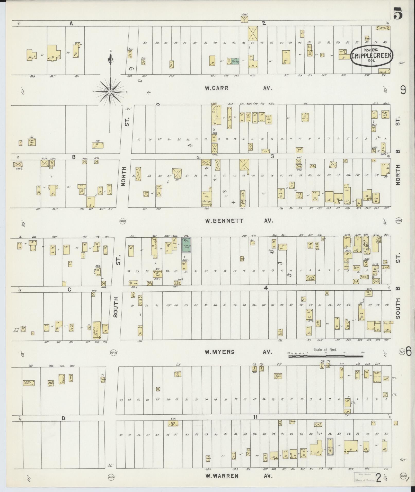 Sanborn Fire Insurance Map from Cripple Creek, Teller County, Colorado (1896), Sheet #0005 - Complete Map Set gallery image, historic Sanborn map, vintage wall art, Colorado Colorado