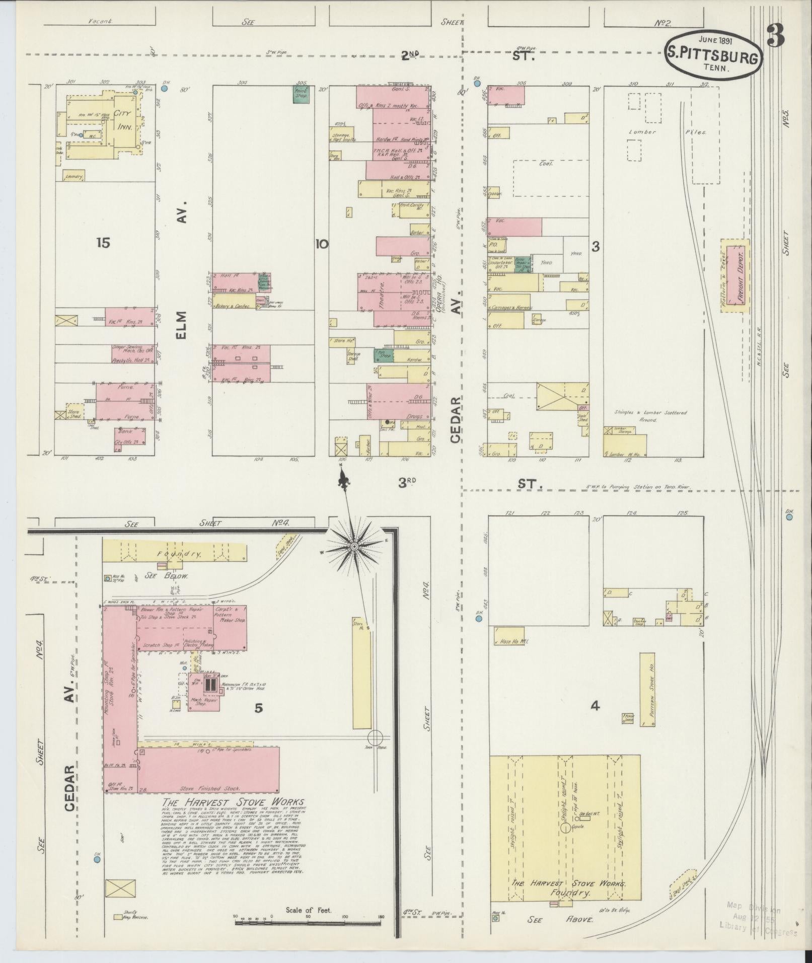 Sanborn Fire Insurance Map from South Pittsburg, Marion County, Tennessee (1891), Sheet #0003 - Complete Map Set gallery image, historic Sanborn map, vintage wall art, Tennessee Tennessee