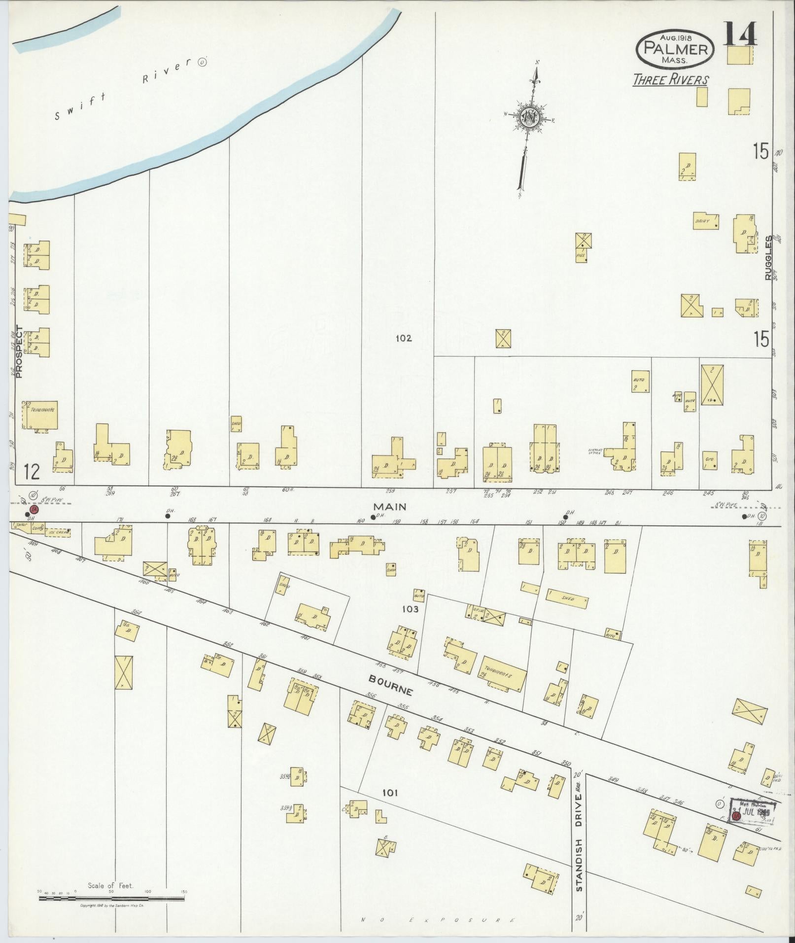 Sanborn Fire Insurance Map from Palmer, Hampden County, Massachusetts (1918), Sheet #0014 - Historic Sanborn Fire Insurance Map Print, vintage old map wall art, antique decor, genealogy gift, Massachusetts Massachusetts map