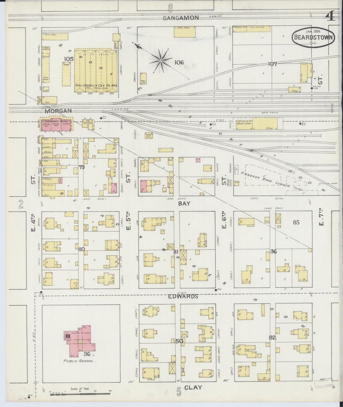 Sanborn Fire Insurance Map from Beardstown, Cass County, Illinois (1894), Sheet #0004 - Historic Sanborn Fire Insurance Map Print, vintage old map wall art, antique decor, genealogy gift, Illinois Illinois map